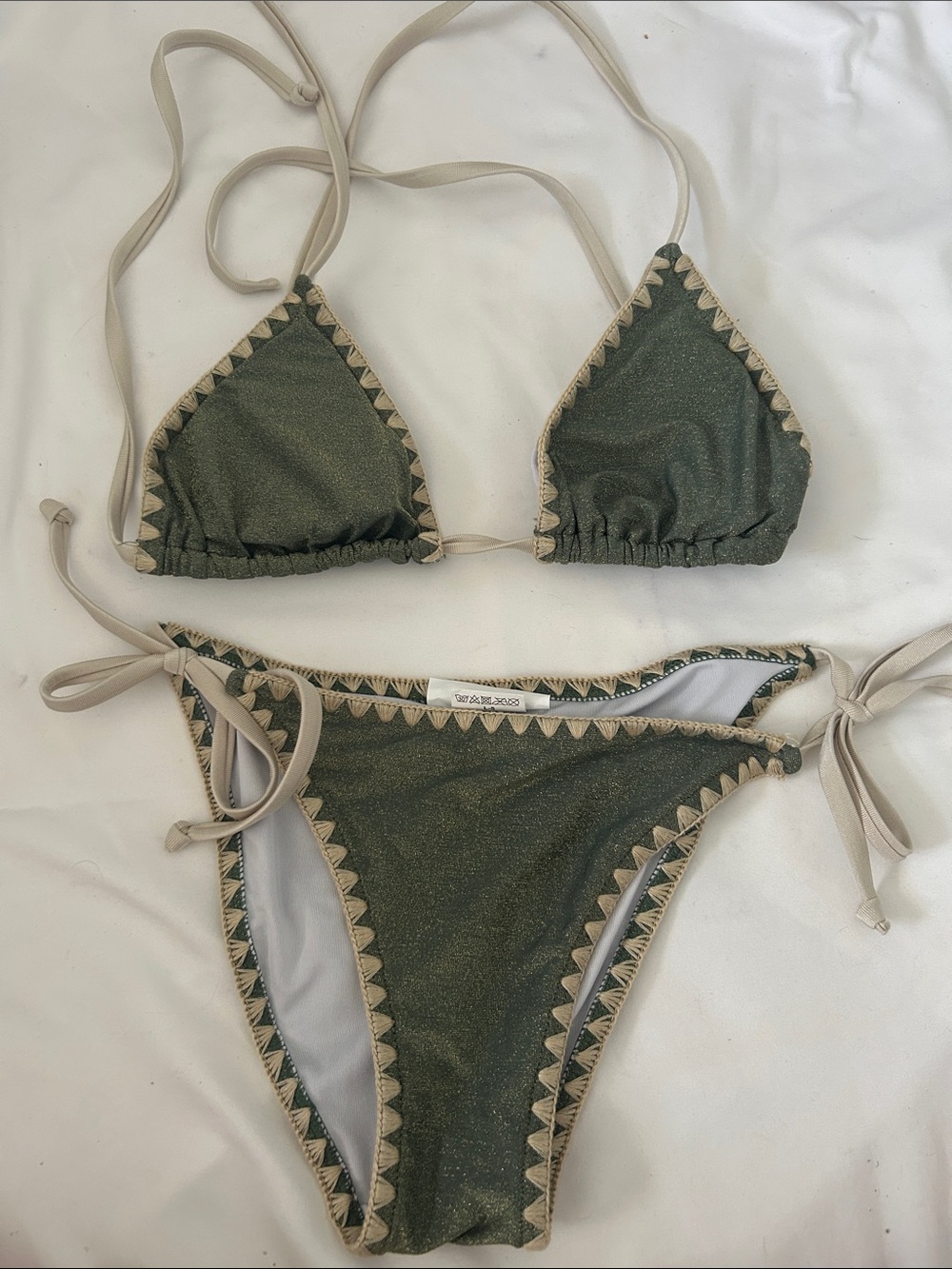 Olive Green Shimmery Triangle Bikini with Tan Trim